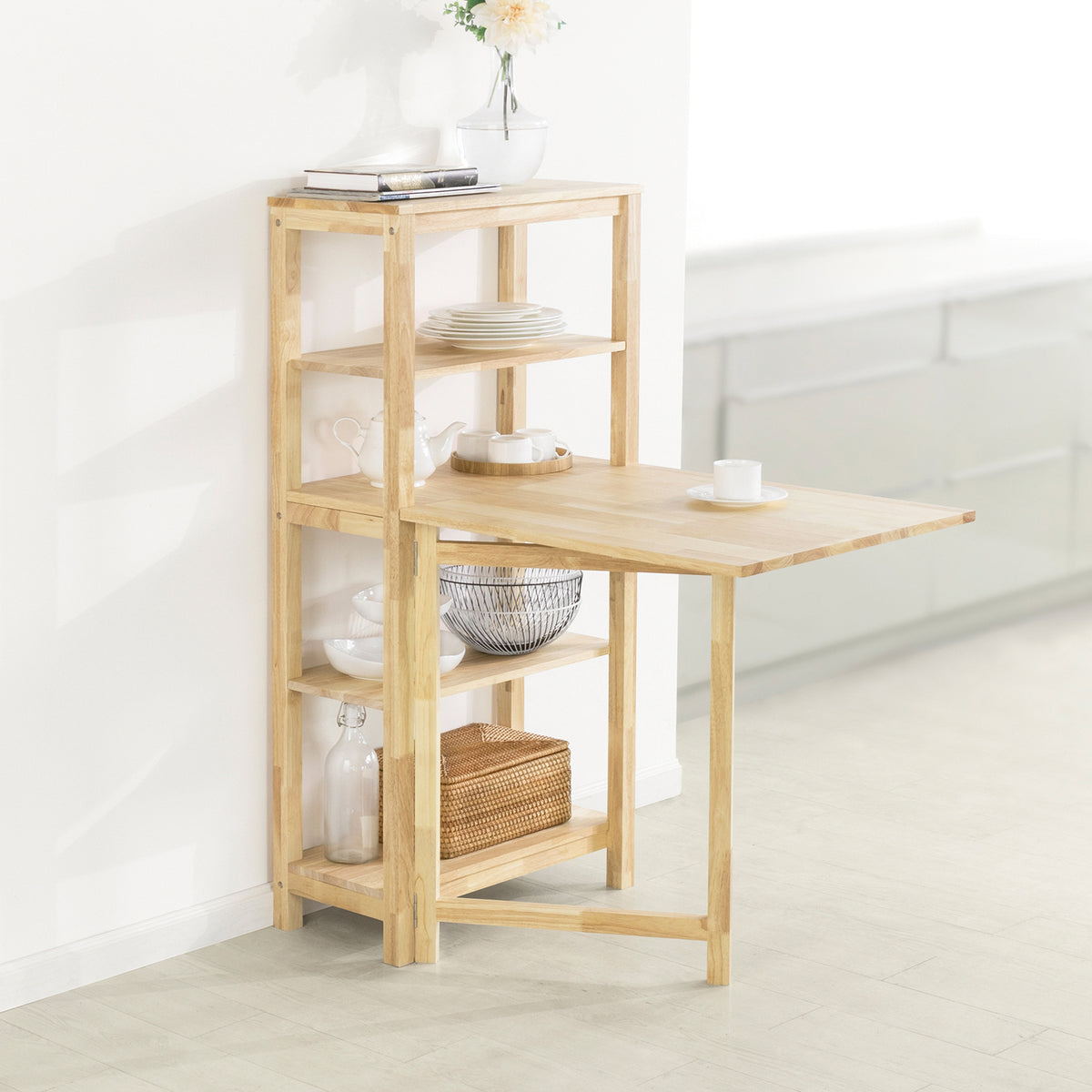SoBuy FWT70-N, Folding Rubber Wood Dining Table Kitchen Table with 5 Storage Shelves, Wood