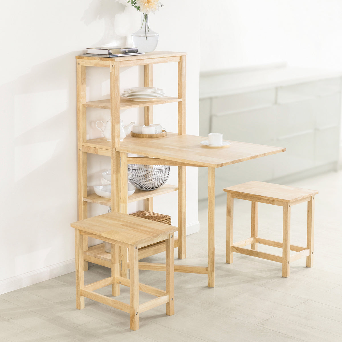 SoBuy FWT70-N, Folding Rubber Wood Dining Table Kitchen Table with 5 Storage Shelves, Wood