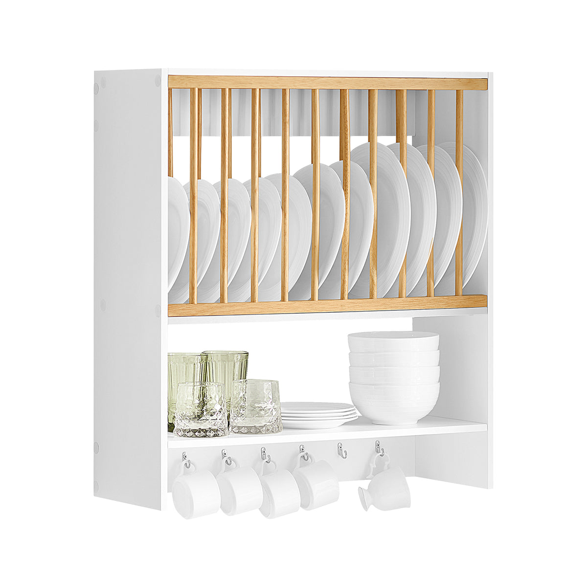 SoBuy KCR09-W white wall-mounted kitchen plate and cup rack with solid wood slats 7 hooks and carbonised bamboo dish rack – white background