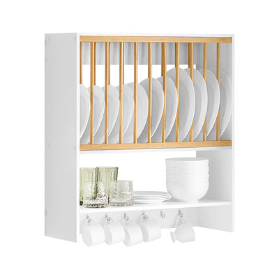 SoBuy KCR09-W white wall-mounted kitchen plate and cup rack with solid wood slats 7 hooks and carbonised bamboo dish rack – white background