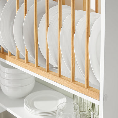 SoBuy KCR09-W carbonised bamboo dish rack close-up – moisture-resistant antibacterial bamboo plate storage on white kitchen wall shelf