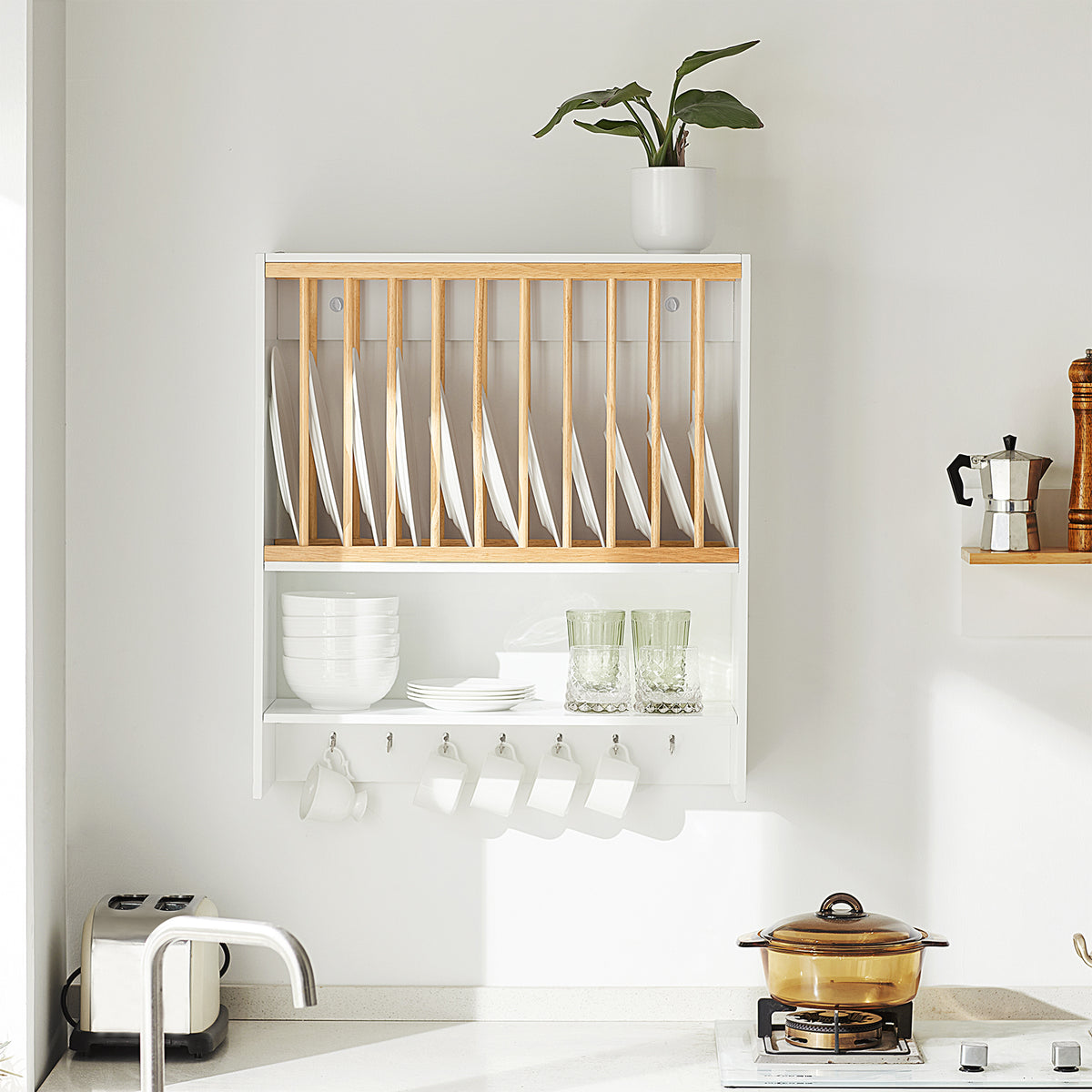 SoBuy KCR09-W white wall-mounted kitchen rack in kitchen setting – solid wood slats bamboo dish rack and 7 hooks holding plates cups and utensils