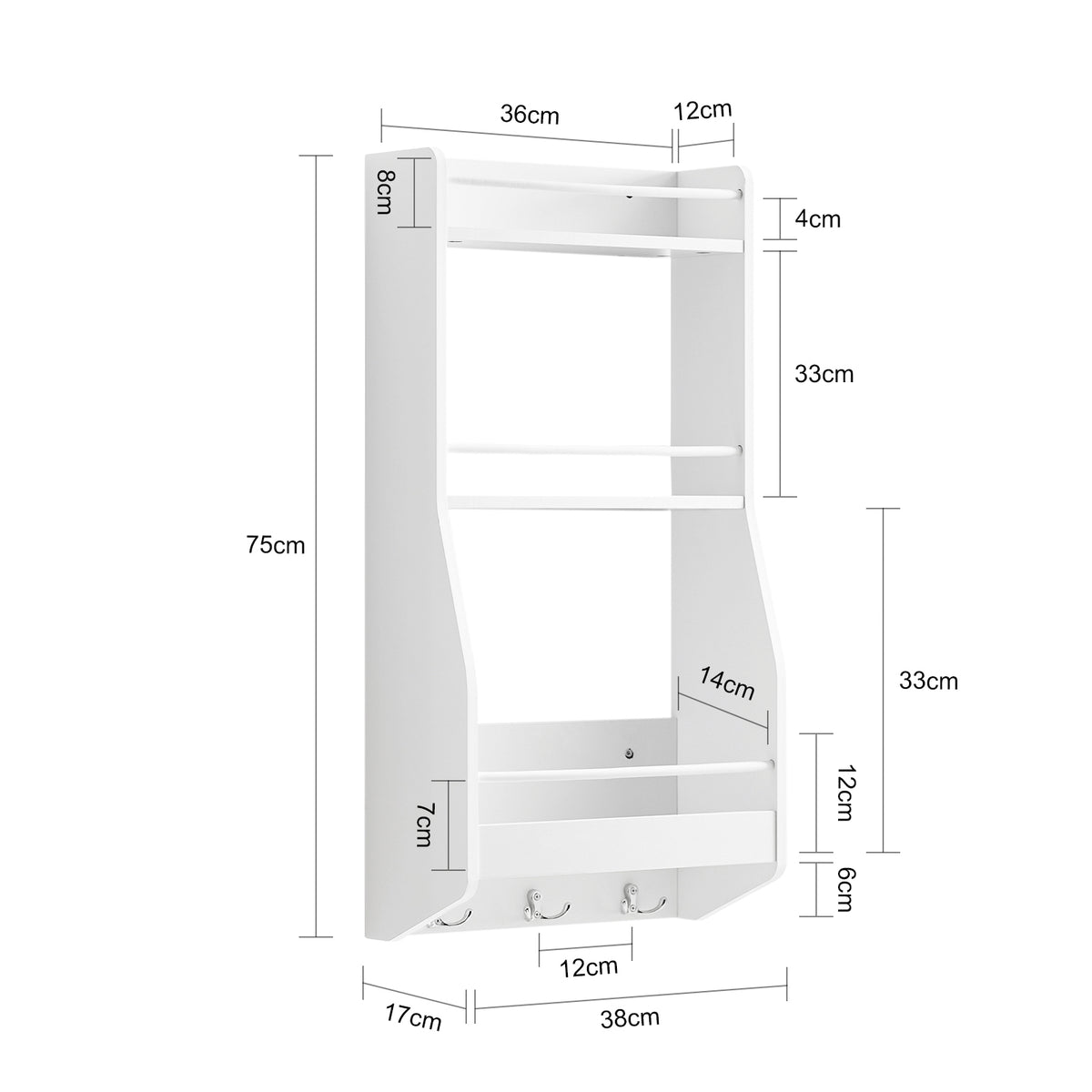 SoBuy KCR12-W, Kitchen Wall Shelf Spice Rack Wall Mounted Shelf Rack with 3 Shelves and 3 Hooks White W38 x D17 x H75cm