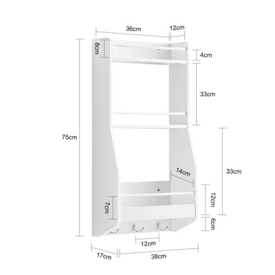 SoBuy KCR12-W, Kitchen Wall Shelf Spice Rack Wall Mounted Shelf Rack with 3 Shelves and 3 Hooks White W38 x D17 x H75cm