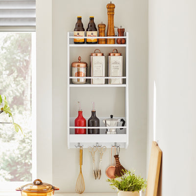SoBuy KCR12-W, Kitchen Wall Shelf Spice Rack Wall Mounted Shelf Rack with 3 Shelves and 3 Hooks White W38 x D17 x H75cm