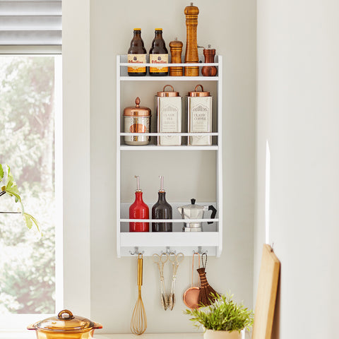 SoBuy KCR12-W, Wall Mounted Shelf Rack with 3 Shelves & 3 Hooks, Kitchen Wall Shelf Spice Rack, Kitchen Storage Rack Shelf