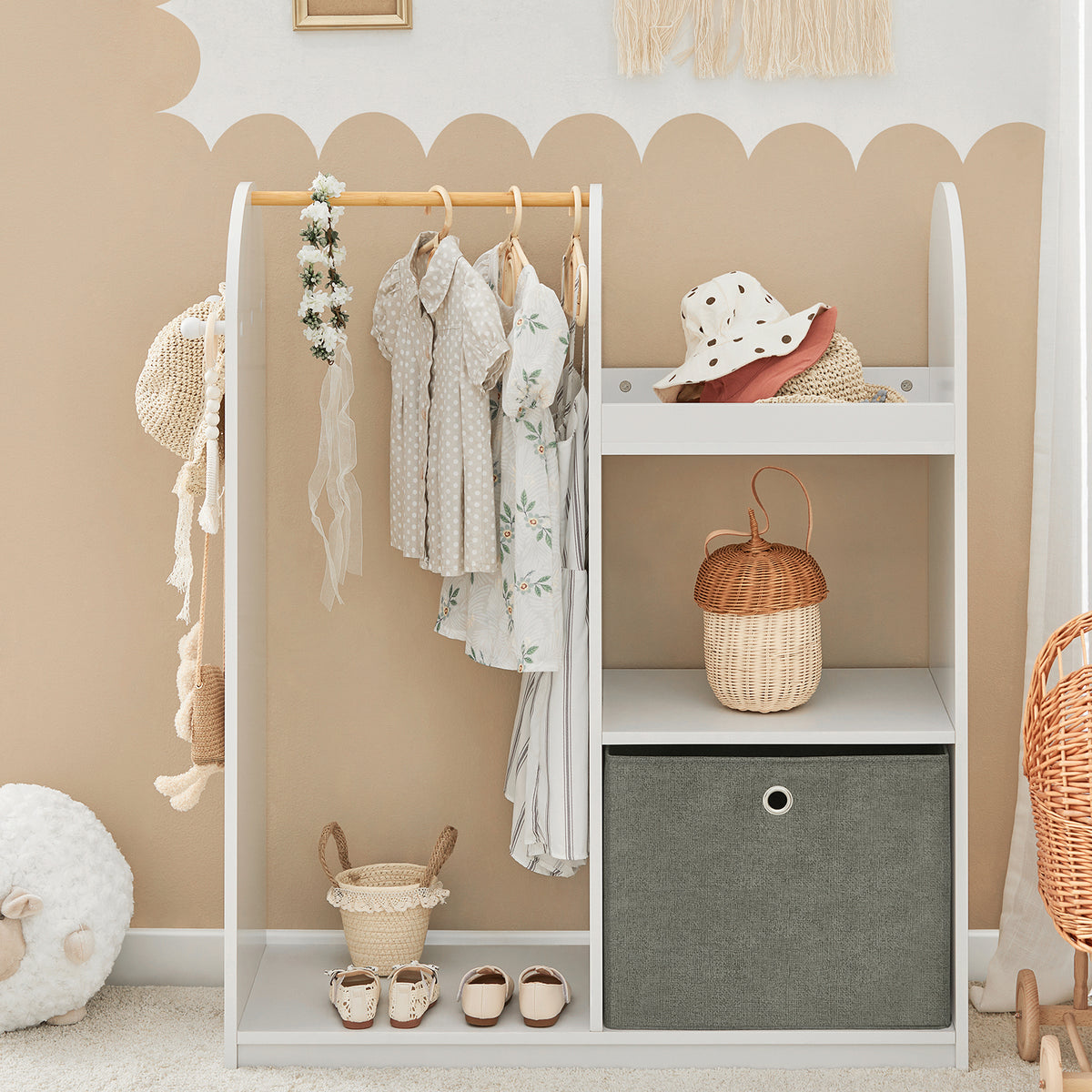 Pre-sale SoBuy KMB40-W, Kids Wardrobe with Hanging Rail, Kids Wardrobe for Bedroom with Storage Box and 3 Hooks, Small Closet for Children's Room White 97x35x108cm