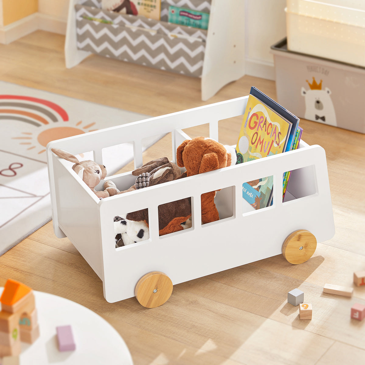 SoBuy KMB41-W, Children Bookcase Toy Storage Shelf Bus Shaped Shelf, White