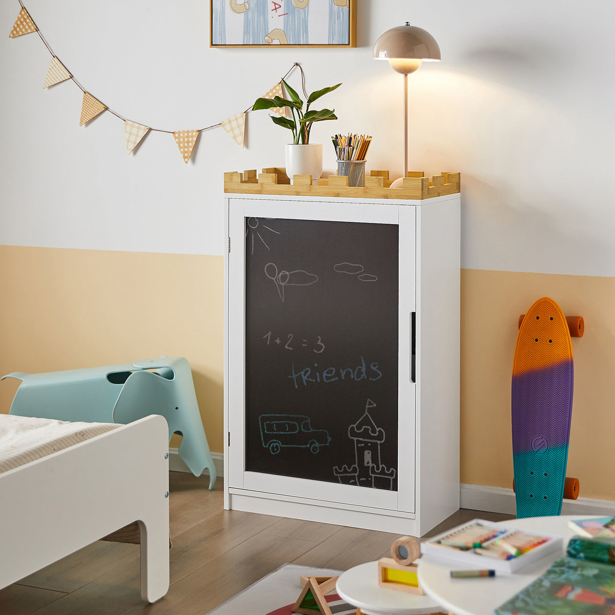 SoBuy KMB43-W, Children Storage Chest with Blackboard, Children Bookcase Toy Shelf, White