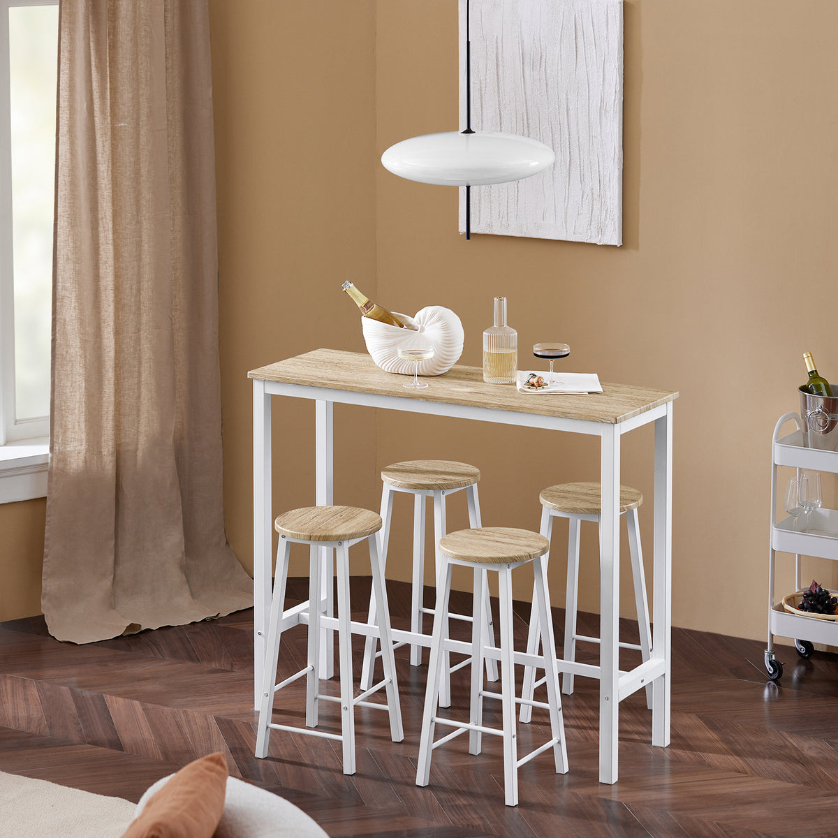 SoBuy OGT22-WN, Breakfast Bar and Stools Set 5-Piece Kitchen Dining Set with High Table & 4 Stools Space Saving Compact Bar Table for Small Kitchens and Flats Natural