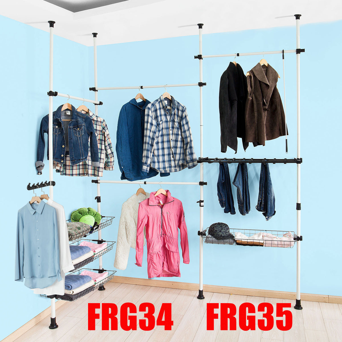 SoBuy FRG34-P02, Set of 2 Metal Storage Baskets for Telescopic Wardrobe System – Baskets for Clothing Rack and Coat Hanger